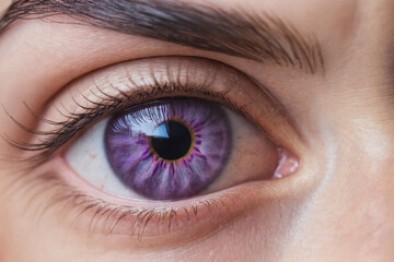 Fototapeta na wymiar A close-up beautiful eye of a female person, natural growing floral pink and purple flowers in the eye iris