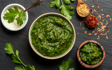 Capture the essence of Coriander Chutney in a mouthwatering food photography shot