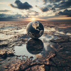 Surreal image of earth as a reflective globe on the cracked surface of a desert at sunset