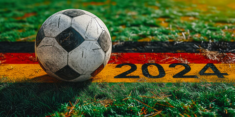 Soccer ball on a green field with UEFA Euro 2024 text, symbolizing the anticipation for the upcoming European football championship - obrazy, fototapety, plakaty