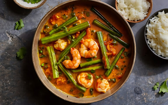 Capture the essence of Okra and Shrimp Curry in a mouthwatering food photography shot