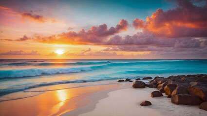 Colorful Golden Hour Sunset on a Rocky Beach Generative AI - obrazy, fototapety, plakaty
