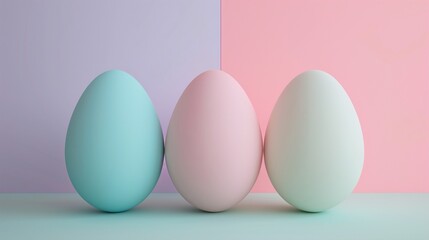 Three simple, pastel-colored easter eggs on a dual-tone background creating a serene holiday scene
