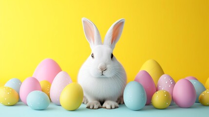 A charming white rabbit poses in front of a background of pastel easter eggs, perfect for holiday themes