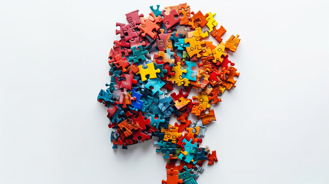 human head profile made of colorful jigsaw puzzle on a white background 
