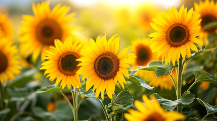 Obraz premium Golden Sunflowers Bloom in a Vast Field With the Sun Shining in the Background.