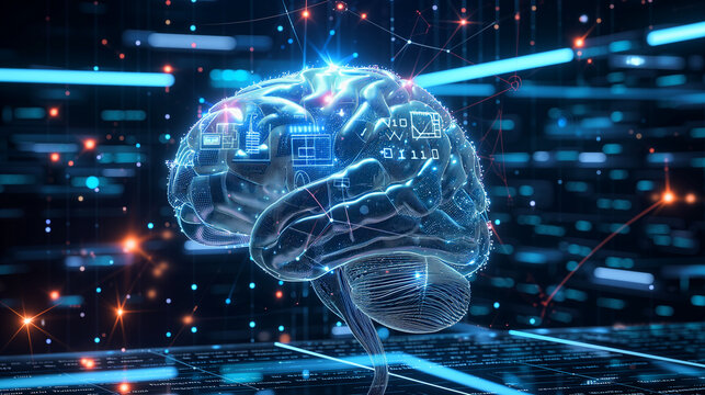 Digital Representation of a Human Brain With Futuristic Interface Icons in a Virtual Space