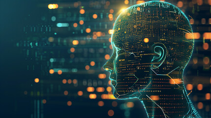 Silhouette of Human Profile Against Digital Data Background Illustrating Artificial Intelligence