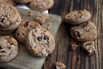 Oatmeal cookies with chocolate chips. on a wooden background. snack