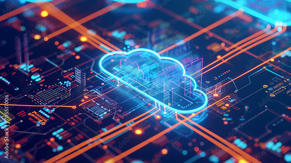 Wall mural blue cloud floating on top of circuit board, cloud computing