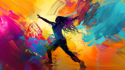 Vibrant Painting Depicting a Woman Dancing With Colorful Paint