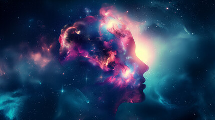 Cosmic Silhouette of a Human Head Against a Starry Nebula Background