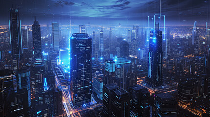 Fototapeta na wymiar Nighttime Cityscape With Futuristic Blue Lights and Modern Architecture