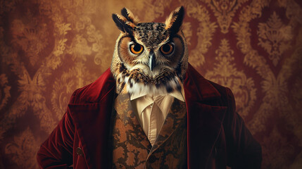 Elegant Owl in Formal Attire, Sporting a Suit and Tie