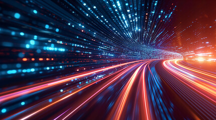 Fototapeta na wymiar High-Speed Data Stream Visualized as Glowing Light Trails in a Digital Tunnel