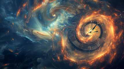 A creative montage of a clock merging into a swirling galaxy, symbolizing time management and long-term vision in business. --ar 16:9 --v 6.0 - obrazy, fototapety, plakaty