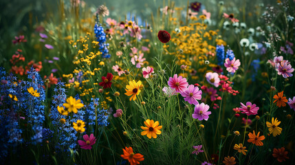 Obraz premium Vibrant Springtime Wildflower Field Bursting With Colorful Blooms