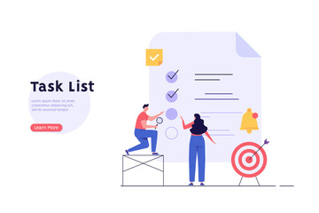 Concept of task done, checklist, to-do list, notification. People marking completed task on checklist. Successful time management. Vector illustration in flat cartoon design for web banner, UI