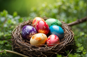 easter eggs in a nest in a fresh green nature bokeh background with copy space