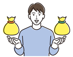 お金の袋を浮かべる男性