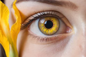 Tafelkleed A close-up beautiful eye of a female person, natural growing floral yellow flowers in the eye iris © Giuseppe Cammino