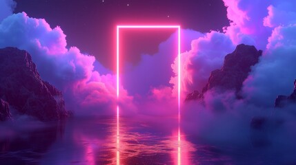 Majestic neon doorway casting reflections over serene waters surrounded by fluffy clouds