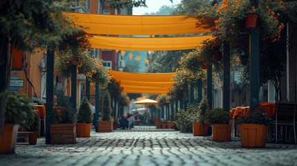 An umbrella to cover the street: a stylish and functional solution enhancing urban landscapes, shelter and aesthetic for pedestrians in all weather conditions, a vibrant outdoor experience - obrazy, fototapety, plakaty