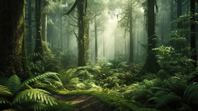 dark green forest with trees and moss in sunlight. fantasy landscape with fantasy trees Generative AI, AI Generated