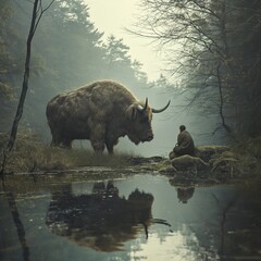 A mystical giant bison-like creature stands by a tranquil lake with a human nearby in a misty forest setting