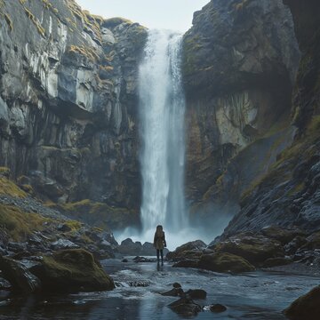 Silhouette of a lone person standing before a powerful waterfall surrounded by rugged cliffs and mist