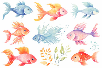 Naklejka premium Set of watercolor paintings Goldfish on white background. 