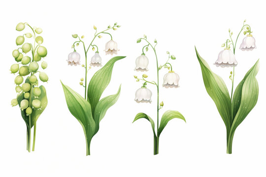 Watercolor paintings Lily of the valley flower symbols On a white background.