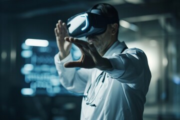 Man using virtual reality headset in a futuristic setting.