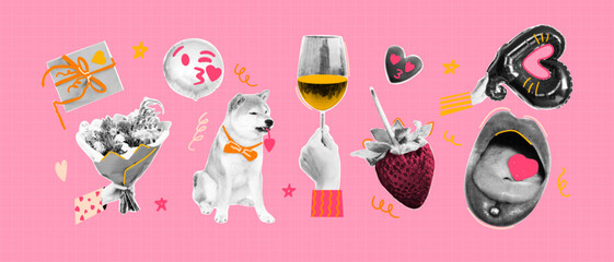 Valentine day halftone style collage elements with funky doodle shapes. Balloons, gift, champagne, strawberry, mouth, dog. Trendy vector illustration - obrazy, fototapety, plakaty