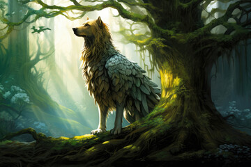 
Artwork of Simargl, the Slavic mythical creature, half-dog and half-bird, guarding the sacred Tree of Life in a mystical grove