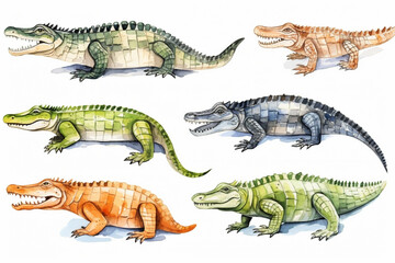 Set Of Watercolor paintings Crocodile on white background. 
