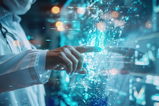 Scientist touching a futuristic interface with digital DNA helix, concept of biotechnology and genetic research.