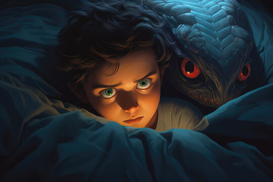 Illustration of a 6-year-old Egyptian boy, cowering in his bed, as a snake-like monster with glowing, threatening eyes wraps around his bedpost