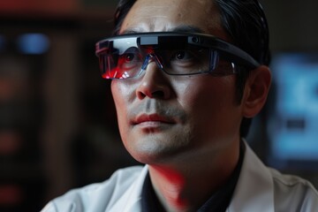Fototapeta premium Asian man wearing augmented reality glasses with reflective colored lights on lenses.