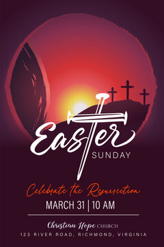 Easter Sunday Church Banner Template With Nail Cross. Celebrate The Resurrection, Christian Vector Illustration For Social Media Or Poster