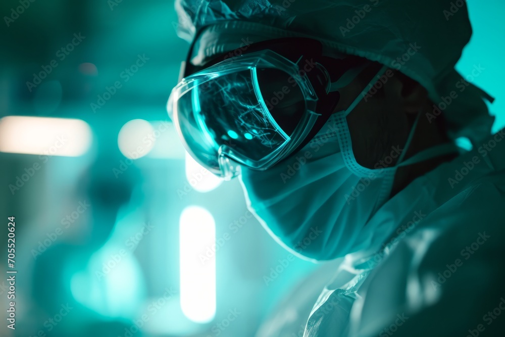 Wall mural close-up of a healthcare professional in ppe and goggles with a teal-tinted background, depicting me