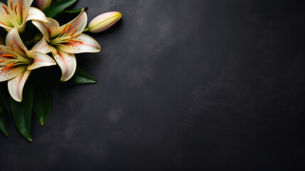 Lily's funeral flower on dark stone.Condolence card with copy space, generative ai - obrazy, fototapety, plakaty