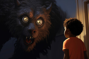 Naklejka premium Illustration of a 6-year-old Nigerian boy, eyes wide with fear, staring at a large, furry monster with intimidating eyes looming from his ceiling