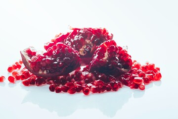 ripe pomegranate with scattered seeds