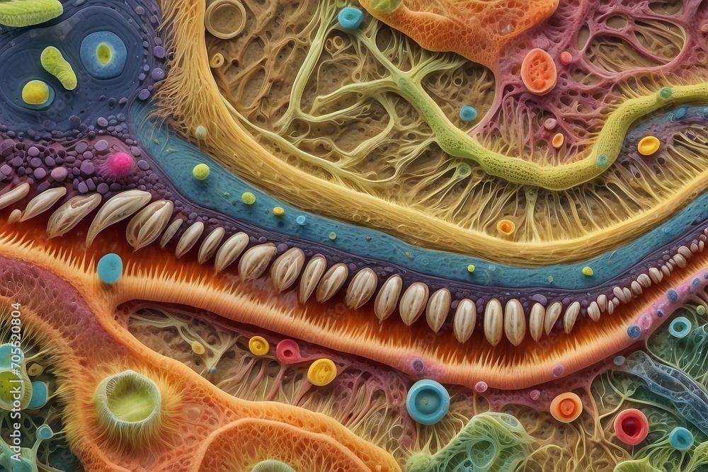 Poster close-up of multicolored bacteria under a microscope, macro photos of microorganisms.