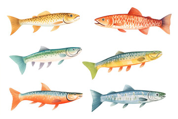 Set of watercolor paintings sea fish on white background. 
