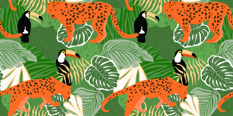Seamless pattern with abstract tropical jungle. Animals leopards, toucans against the background of palm leaves, monstera. Vector graphics.