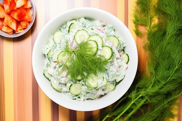 overhead shot of cucumber dill salad in bowl