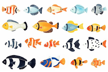 Naklejka premium Set of watercolor paintings Clownfish on white background.