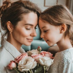 Córka wręczająca mamie kwiaty i przytulająca się do niej
